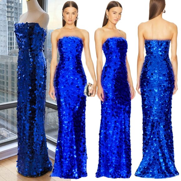 🆕 BRONX & BANCO 🧿 NWOT Farah Strapless Sequins Gown, Royal Blue, Sz L US 8